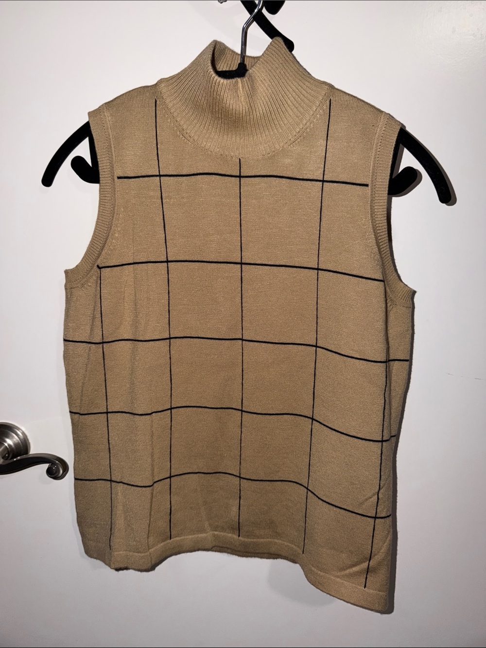 dressbarn Camel Sleeveless Turtleneck Sweater Vest with Black Grid